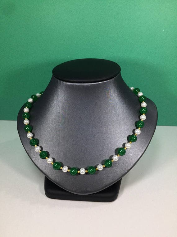 24k gold Plated top quality Gold  helling 4-5mm stacking Green & White Pearl Emerald  Necklace Round, Smooth 16" for mens, womens, gf, bf & Adult.