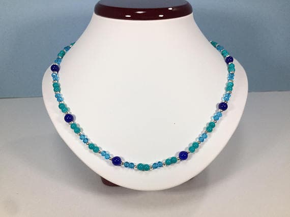 925 sterling Silver Positive Energy Silver helling 4-5mm stacking Multi Turquoise, Lapis Lazuli , Topaz  Necklace Round, Smooth 16" for mens, womens, gf, bf & Adult.