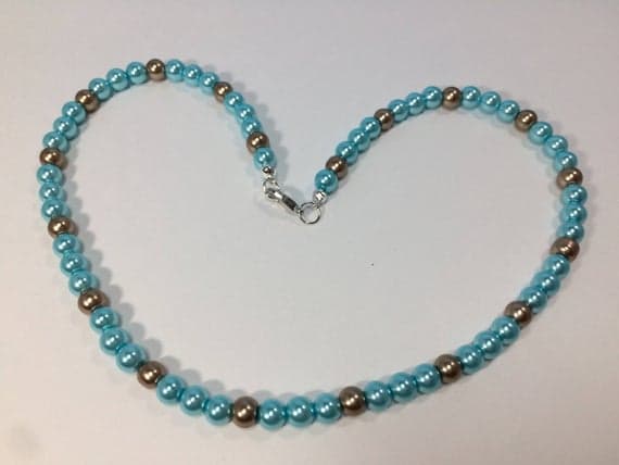 925 sterling Silver Bridesmaid Jewelry 4-5mm stacking Blue & Gold Blue and Gold Pearl  Necklace Round, Smooth 16" for mens, womens, gf, bf & Adult.