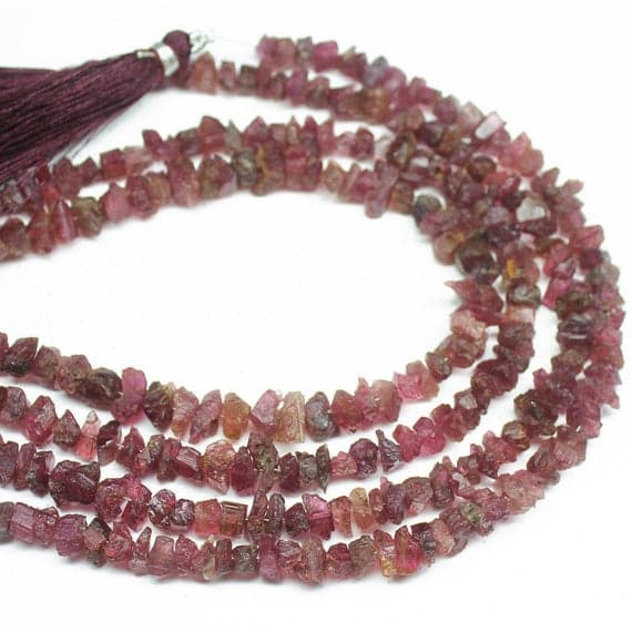 1 strand rubellite pink tourmaline uncut chips rough rock by hammered 8'' long strand gemstone beads, jewelry supplies for jewelry making,  for meditation jewellery for Reiki Healing  size 5mm to 7mm