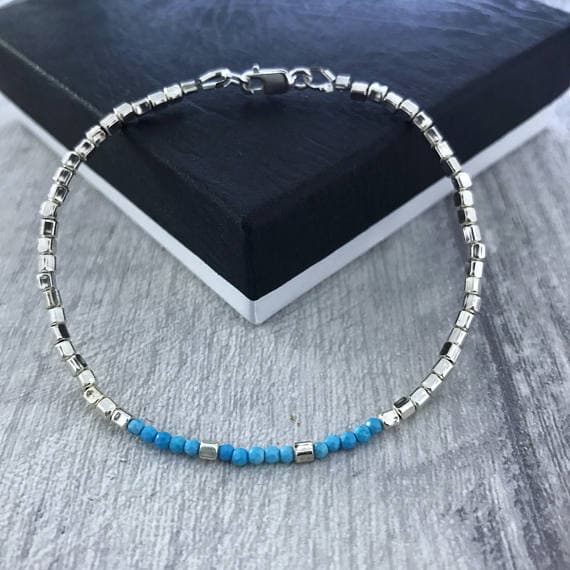 925 sterling Silver Bridesmaid Jewelry 3-4MM stacking Blue TURQUOISE Bracelet Round, Smooth 7" for mens, womens.