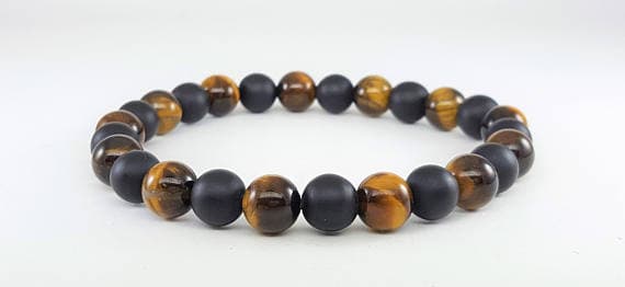 Personalized Gift 8mm Stretchable Multi Tiger Eye & Matte Black Onyx Bracelet Round, Smooth 7" for mens, womens.
