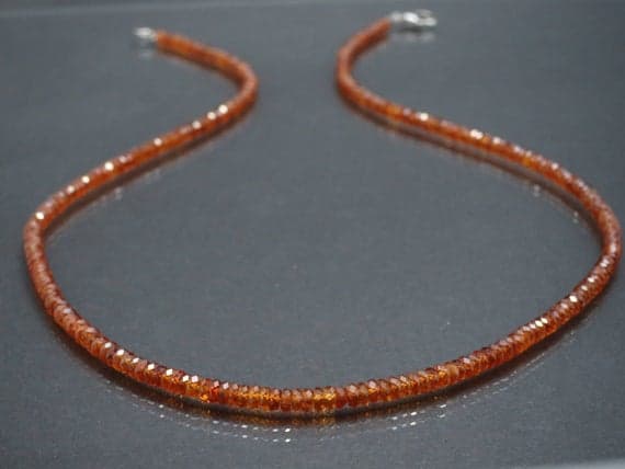925 sterling Silver Anniversary Gift 3mm stacking Orange Garnet Necklace Rondelle, Faceted 17" for mens, womens.