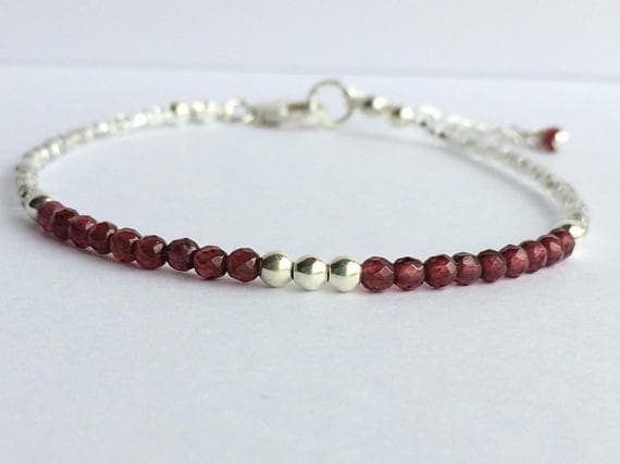 925 sterling Silver Natural Silver Helling 3mm stacking Red Garnet Bracelet Round, Faceted 7" for mens, womens, gf, bf & Adult.