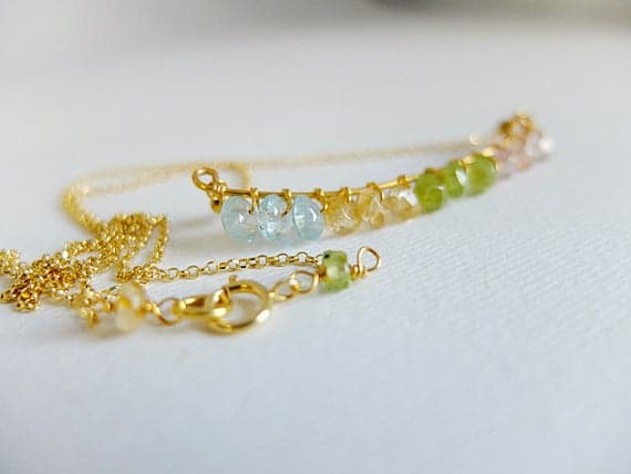 AAA++ Rare Quality Gem bar necklace Gold  filled,pastel color bar necklace,pink yellow green light blue necklace, beaded rose quartz,Citrine,Peritot,Aquamarine 3-4 mm Code- TJH230