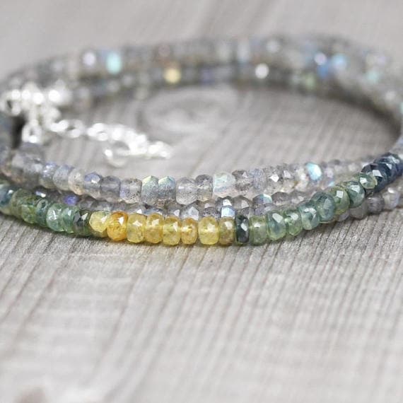 925 sterling Silver Jewelry Energy 3.5-4mm stacking Multi Ombre Sapphire & Labradorite Necklace Rondelle, Faceted 16" for mens, womens, gf, bf & Adult.