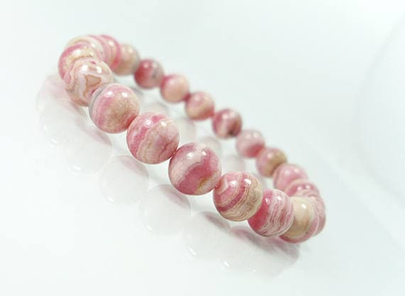 Personalized Gift 8mm Stretchable Pink Rhodochrosite Bracelet Round, Smooth 7" for mens, womens.