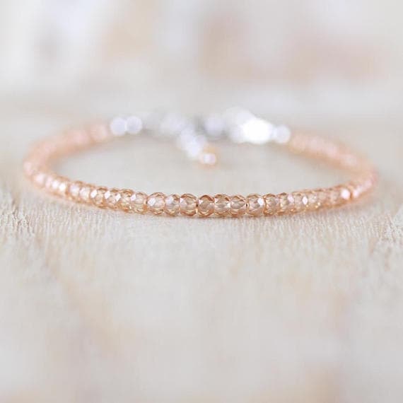 925 sterling Silver memorial gift Silver HELLING 3mm stacking Pink Champagne Zircon Bracelet Round, Faceted 7" for mens, womens, gf, bf & Adult.