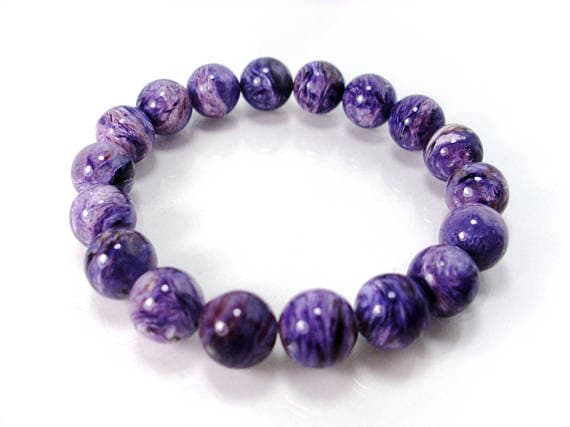 Handmade Beaded 10mm Stretchable Purple Natural Charoite  Bracelet Round, Smooth 7.5" for mens, womens.