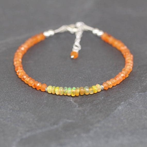 925 sterling Silver Unique Wedding Gift 3.5-4mm stacking Multi Ethiopian Welo Opal & Carnelian Bracelet Rondelle, Faceted 7" for mens, womens, gf, bf & Adult.