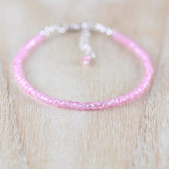 925 sterling Silver Unique Wedding Gift 3mm stacking Pink Rose Pink Zircon  Bracelet Rondelle, Faceted 7" for mens, womens, gf, bf & Adult.
