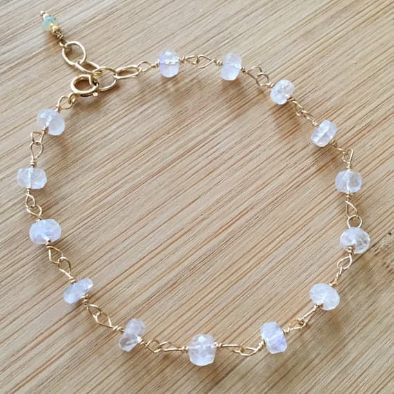 24k gold Plated Handmade Beaded 2-3mm stacking White Rainbow Moonstone Bracelet Rondelle, Faceted 7" for mens, womens.