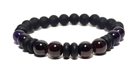 Positive Energy 8mm Stretchable Multi Amethyst, Garnet & Black Onyx Bracelet Round & Rondelle, Smooth 7" for mens, womens, GF, BF, Adults.