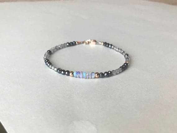 Opal, Australian opal, fine jewelry, 14k rose gold, opal bracelet, opal jewelry, October birthstone, Black spinel, rose gold, gift for her 3-5mm Code- WAR6332