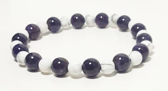 Super sale 8mm Stretchable white & Purple Amethyst & Howlite Bracelet Round, Smooth 7" for mens, womens, GF, BF, Adults.