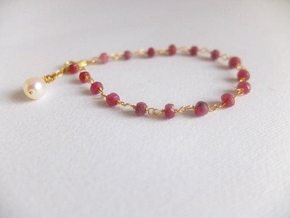 AAA++ Rare Quality Gold  filled dainty Stacking Bracelet,Ruby Gemstone Faceted Rondelle Bracelet,red raw ruby rosary style bracelet,freshwater dangle pearl ruby 3 mm Code- TJH71