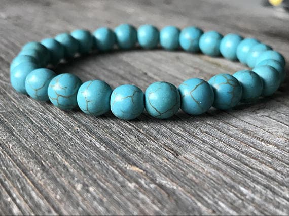 Anniversary Gift 8mm Stretchable blue Tourquise Bracelet Round, Smooth 7" for mens, womens, GF, BF, Adults.