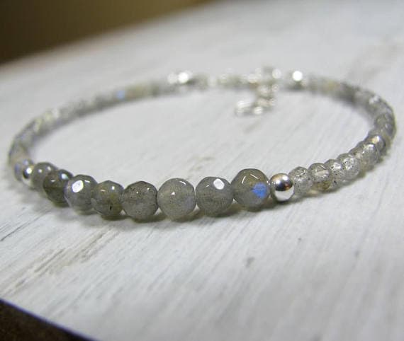 Labradorite Bracelet in Sterling Silver, Gray Gemstones Bracelet, Labradorite Beaded Stacking Bracelet, Bead Stack Bracelet, Gift for Her 3-4mm  Code- WAR6597