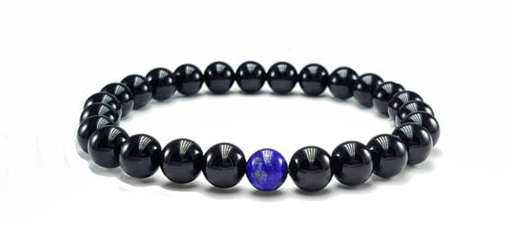 Blush Jewelry 8mm Stretchable Black Black Onyx & Lapis Lazuli Bracelet Round, Smooth 7" for mens, womens.
