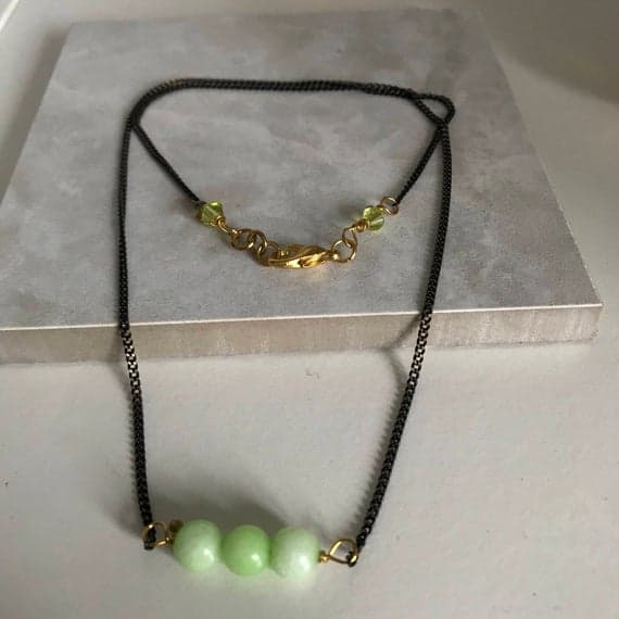 Apple Green Quartz semi precious gemstone & Glass crystal black gold back detailed necklace 6mm  Code- WAR6632