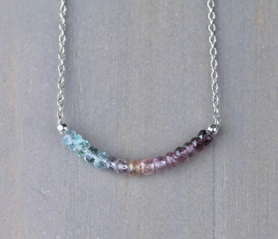 925 sterling silver Empath Protection 3-3.5mm Multi Colour Ombre Spinel & Aquamarine stacking Necklace Rondelle, Faceted 17 Inch for mens, womens, gf, bf and adults.