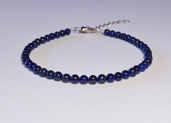 925 sterling silver Rock Gift 4mm Blue Lapis Lazuli  stacking Bracelet Round, Smooth 18cm for mens, womens, gf, bf and adults.