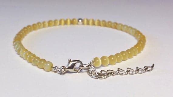 925 sterling silver Empath Protection 4mm Yellow Cat's Eye Stretchable Bracelet Round, Smooth 18cm for mens, womens, gf, bf and adults.