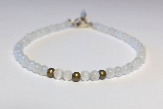 Rose Gold Natural 4mm White Cat's Eye Stretchable Bracelet Round, Smooth 18cm for mens, womens, gf, bf and adults.