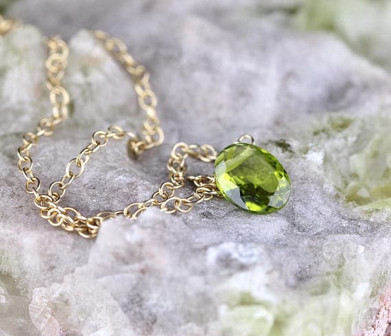 24k gold Blush Jewelry 7-8mm Green Peridot stacking Necklace Coin, Faceted 17 Inch for mens, womens, gf, bf and adults.