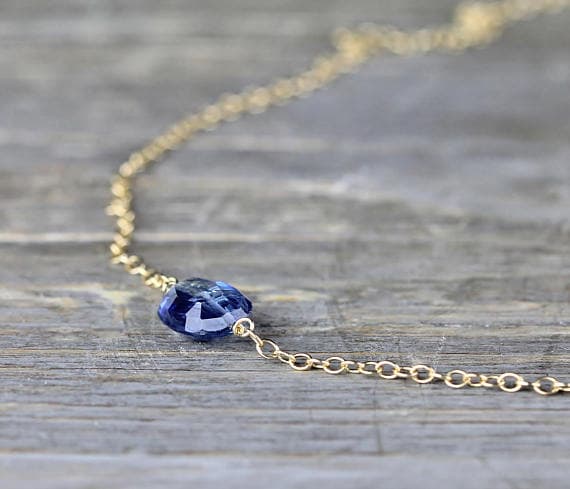 24k gold good luck gift 9-10mm Blue Blue Kyanite stacking Necklace Oval, Faceted 17 Inch for mens, womens, gf, bf and adults.