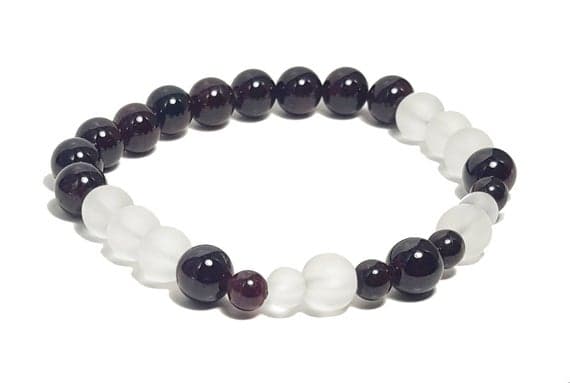 Personalized Gift 6mm Stretchable red & white Garnet & Clear Quartz Bracelet Round, Smooth 7" for mens, womens, GF, BF, Adults.