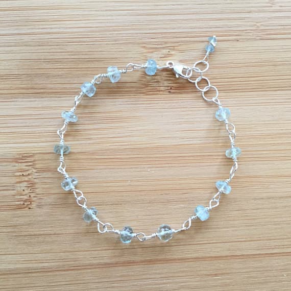 925 sterling Silver Artisan Loose 4.5mm stacking Aqua  Aquamarine Bracelet Rondelle, Faceted 7" for mens, womens.