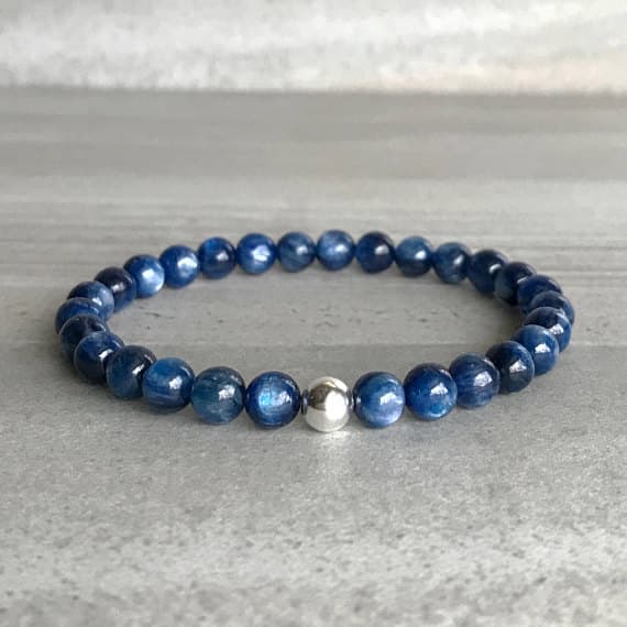 925 sterling silver Artisan Loose 6mm Blue Blue Kyanite  Stretchable Bracelet Round, Smooth 18cm for mens, womens, gf, bf and adults.