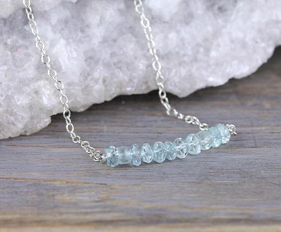 925 sterling silver Natural 3-3.5mm Aqua Aquamarine stacking Necklace Rondelle, Faceted 17 Inch for mens, womens, gf, bf and adults.