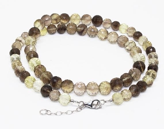 shaded bio lemon quartz beaded necklace round ball faceted 18'' long strand gemstone beads, jewelry supplies for jewelry making,  for meditation jewellery for Reiki Healing  gemstone 7mm to 8mm