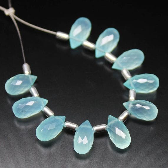 1 strand aqua chalcedony tear drop faceted 8'' long strand gemstone beads, jewelry supplies for jewelry making, bulk beads, for meditation jewellery for Reiki Healing  gemstone size 5mmx10mm