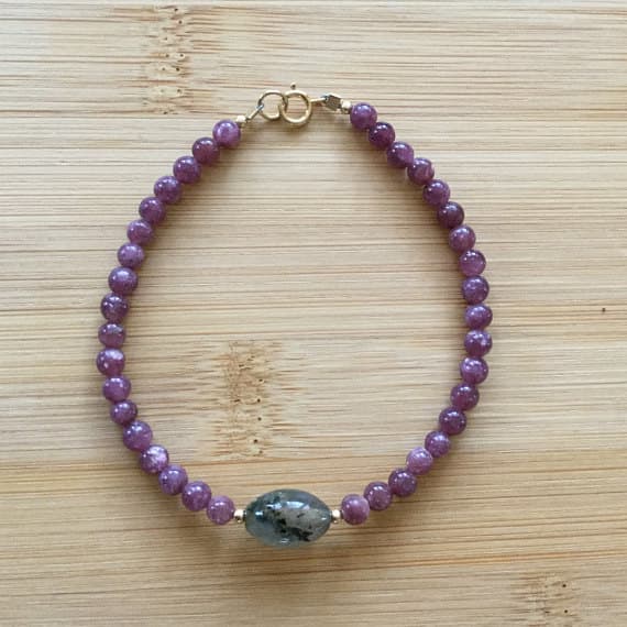 24k gold Plated Bridesmaid Jewelry Gold Helling 4mm stacking Pink Labradorite and Lepidolite Bracelet Round, Smooth 7" for mens, womens.