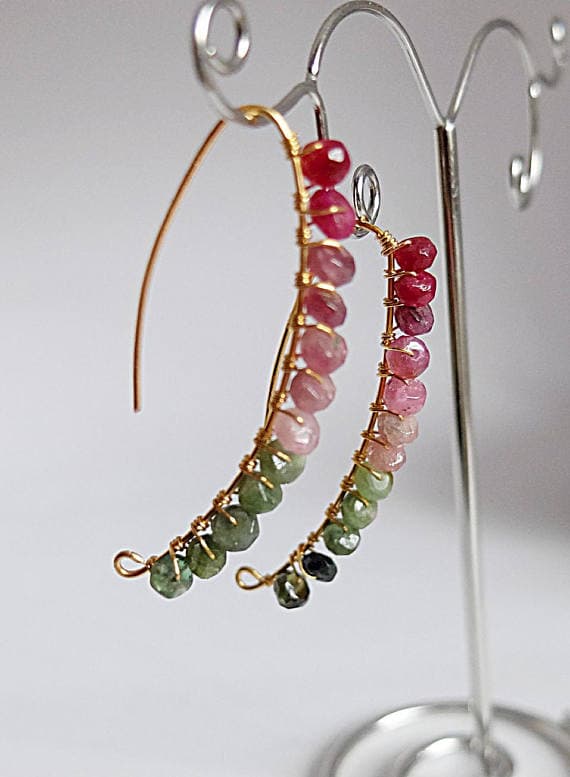AAA++ Rare Quality Watermelon Tourmaline Earrings-Wire Wrapped Tourmaline Earrings-Colorful Gemstone Earrings- Gift for Her-Gold  Filled linear tourmlaline 4/5 mm Code- TJH203