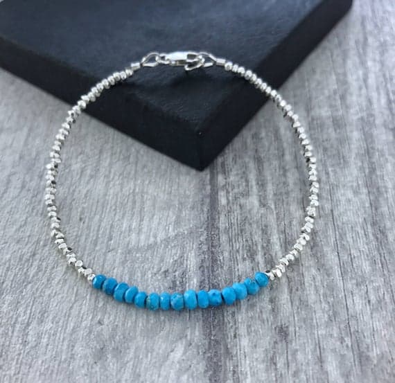925 sterling Silver top quality 3.5mm stacking Blue TURQUOISE Bracelet Rondelle, Faceted 7" for mens, womens.