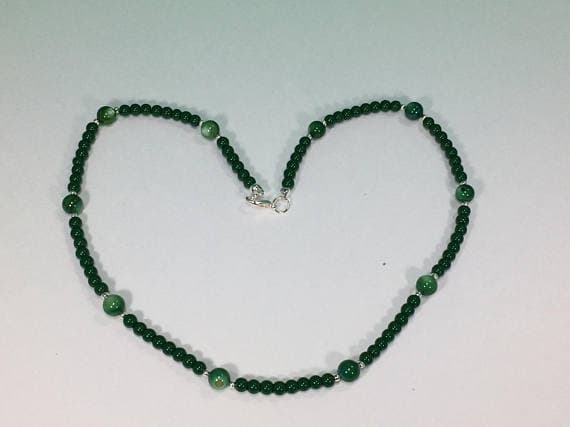 925 sterling Silver Artisan Loose 3-4mm stacking Green Malachite Necklace Round, Smooth 16" for mens, womens, gf, bf & Adult.