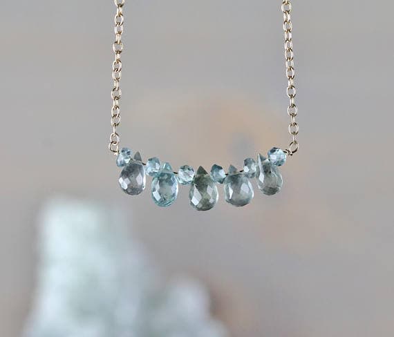 925 sterling silver love beach youth 5-7mm Blue Moss Aquamarine stacking Necklace Rondelle,Drop, Faceted 17 Inch for mens, womens, gf, bf and adults.