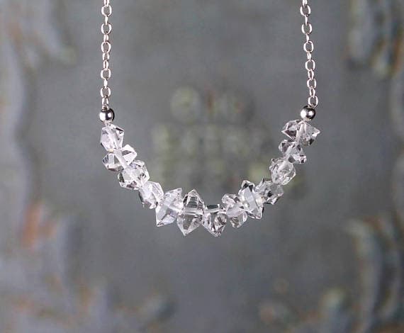 925 sterling silver memorial gift 5-6mm White Herkimer Diamond Row stacking Necklace Fancy, Faceted 17 Inch for mens, womens, gf, bf and adults.