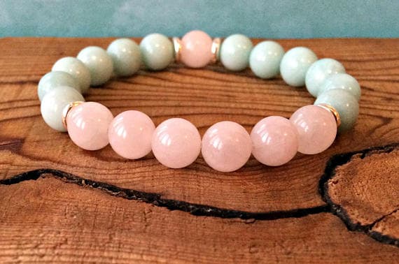 Dainty Slave Loose 8mm Stretchable Pink & Aqua Rose Quartz & Amazonite Bracelet Round, Smooth 7" for mens, womens, gf, bf & Adult.