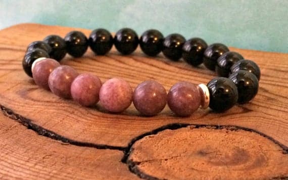 Handmade Beaded 8mm Stretchable Black & Pink Black Tourmaline & Lepidolite  Bracelet Round, Smooth 7" for mens, womens, gf, bf & Adult.