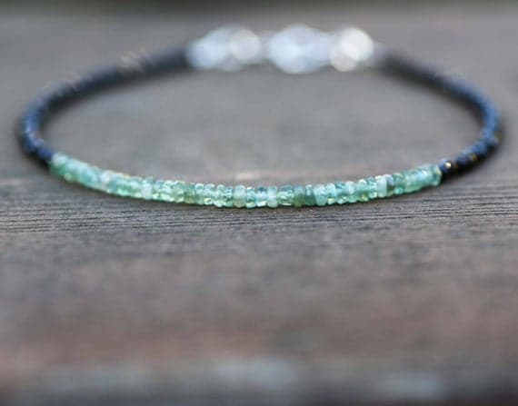 925 sterling Silver chakras simple 2-2.5mm stacking Black & Green Natural Alexandrite and Diamond Look Black Spinel  Bracelet Rondelle, Faceted 7" for mens, womens, gf, bf & Adult.