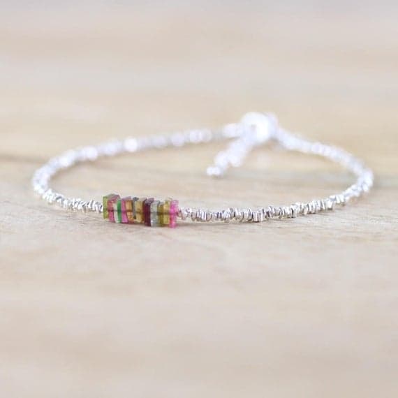 925 sterling Silver Bridesmaid Jewelry 4mm stacking Multi Multi Color Tourmaline Bracelet Square, Faceted 7" for mens, womens, gf, bf & Adult.