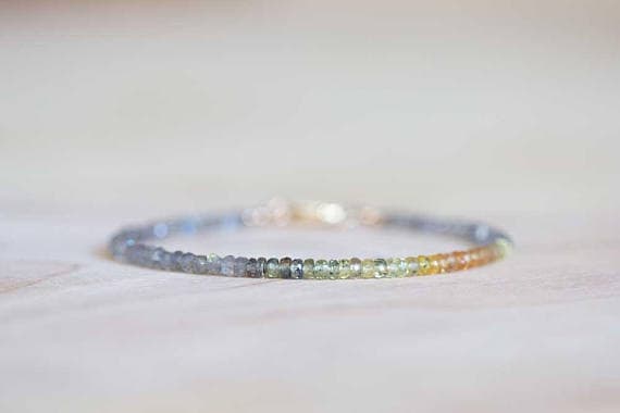 24k gold memorial gift 3-3.5mm Multi Colour Labradorite & Sapphire stacking Bracelet Rondelle , Faceted 18cm for mens, womens, gf, bf and adults.