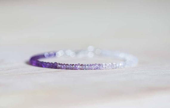 AAA++ Rare Quality Rainbow Moonstone, Amethyst & Purple Sapphire Bracelet, Delicate Shaded Ombre Sapphire Jewelry, Sterling Silver PlatedRose Gold  Fill 3-3.5mm 7 inches Code- TJH493