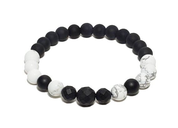 memorial gift 8mm Stretchable white & black Howlite & Black Onyx Bracelet Round, Smooth & Faceted 7" for mens, womens, GF, BF, Adults.