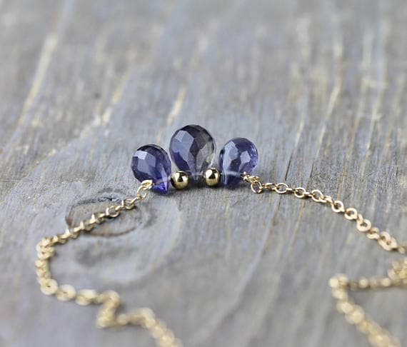 24k gold Bridesmaid Jewelry 5-8mm blue Iolite stacking Necklace Teardrop, Faceted 17 Inch for mens, womens, gf, bf and adults.
